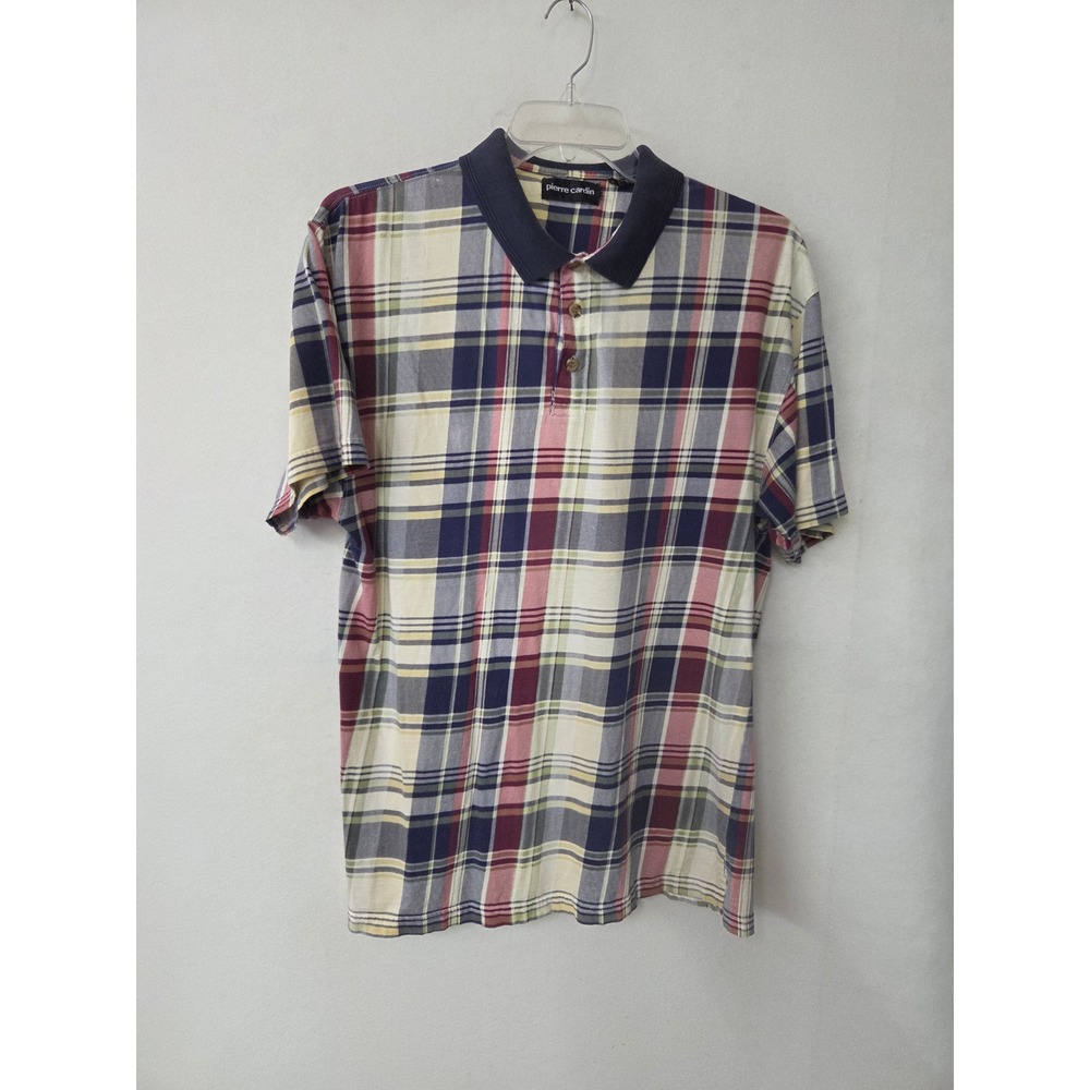 Pierre Cardin Mens XL Plaid Polo Shirt Short Sleeve Cotton Navy Red Yellow 90s